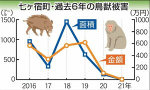 農作物の鳥獣被害95%減 七ケ宿町、柵の設置行き渡る 捕獲駆除も後押し